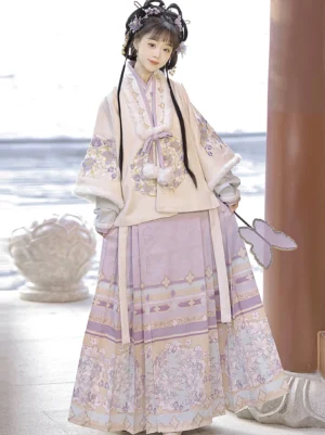 Lavender Ming Dynasty Hanfu full set with cream embroidered cross-collar jacket and purple Mamian skirt in a traditional Chinese garden