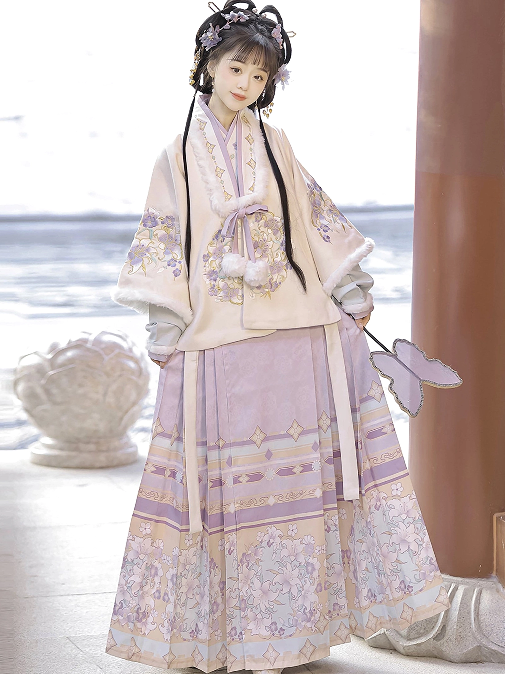 Lavender Ming Dynasty Hanfu full set with cream embroidered cross-collar jacket and purple Mamian skirt in a traditional Chinese garden