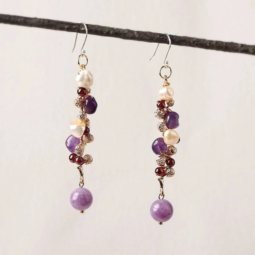 Close front view of lavender pearl cluster drop earrings with 925 silver hook option purple beads and gold-tone accents