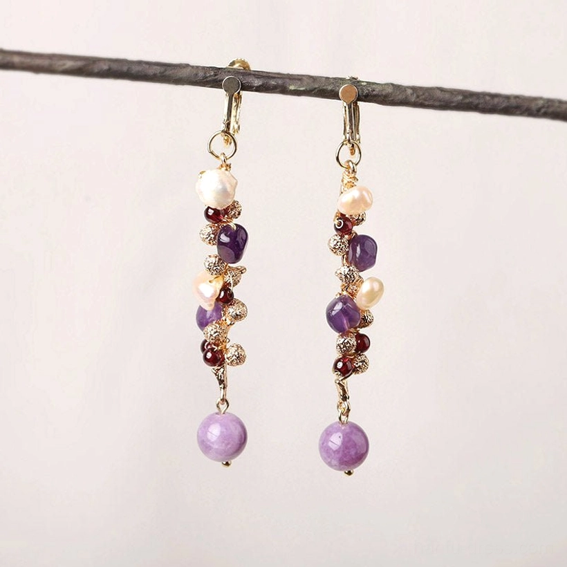 Lavender pearl cluster drop Chinese earrings full product view showing purple drops pearl beads and clip-on compatible design