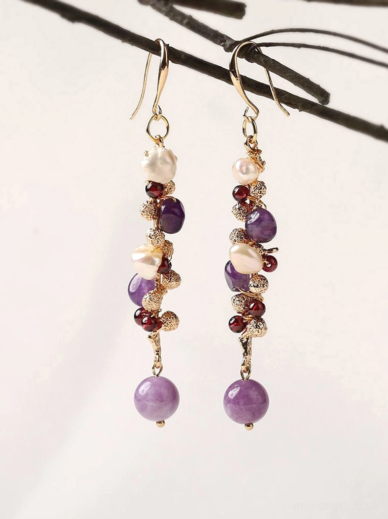 Lavender pearl cluster drop Chinese earrings with purple beads red accents gold hooks and round violet dangling drops
