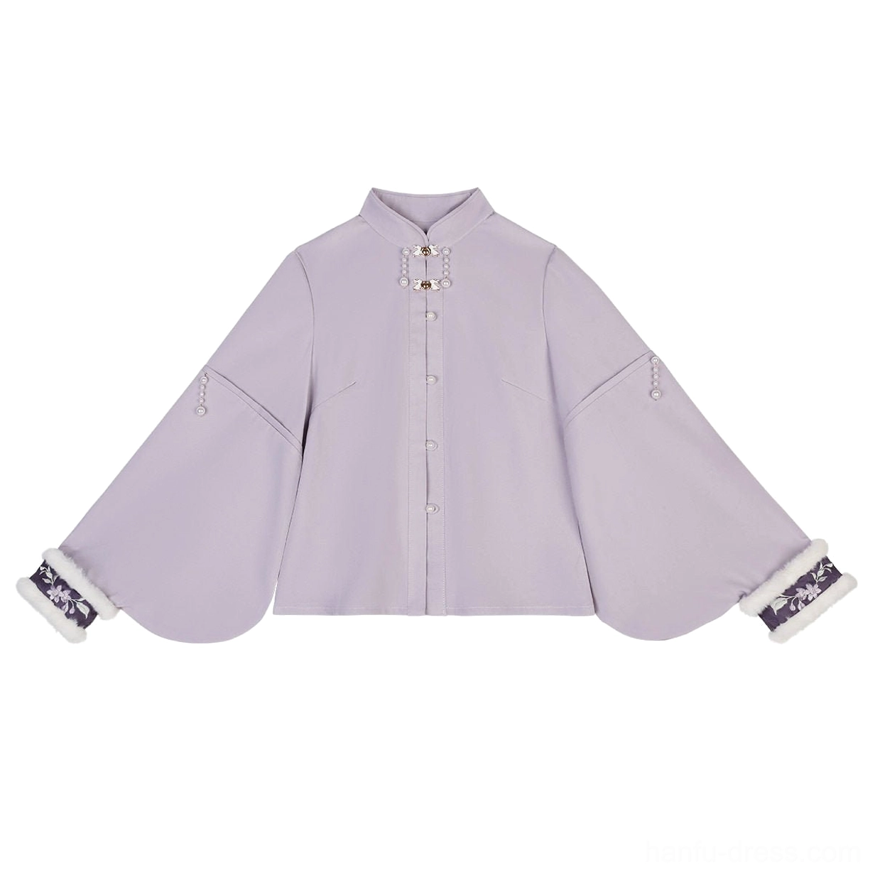 Lavender purple Ming-inspired Hanfu pipa sleeve top with stand collar, frog buttons, contrast cuffs, and fuzzy sleeve trim