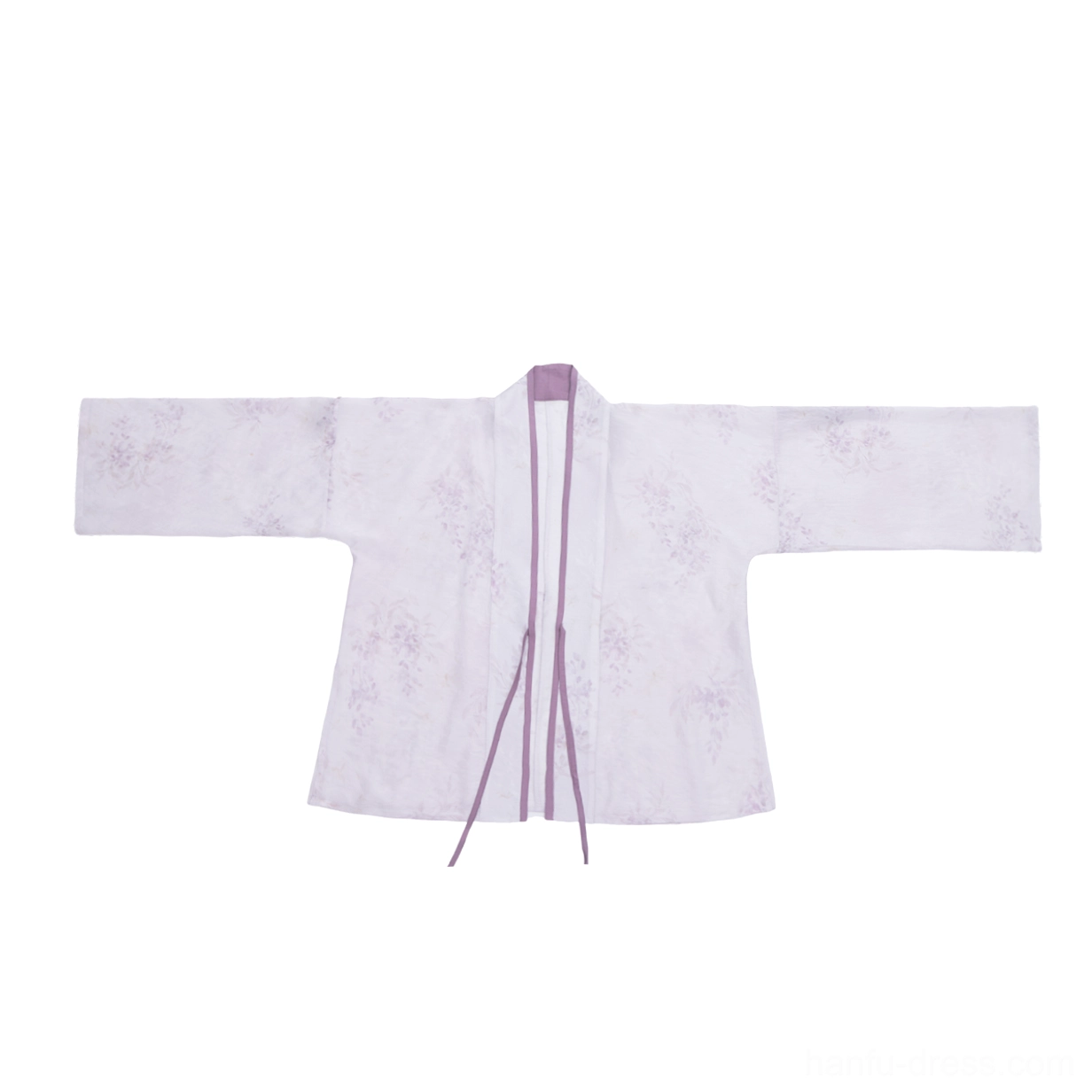 Top-down view of a pale lavender sheer Song Dynasty Hanfu cardigan with faint floral print, crossover collar, dark purple ties, and loose sleeves