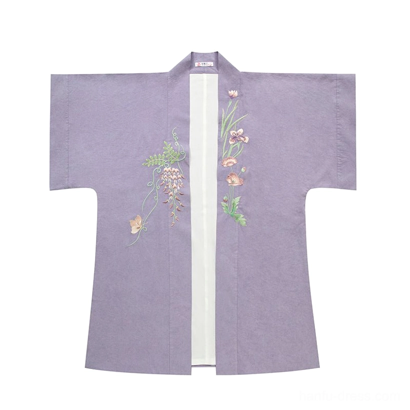 Lavender Song Dynasty Hanfu beizi outer coat shown flat with open front and delicate floral embroidery on the front panels
