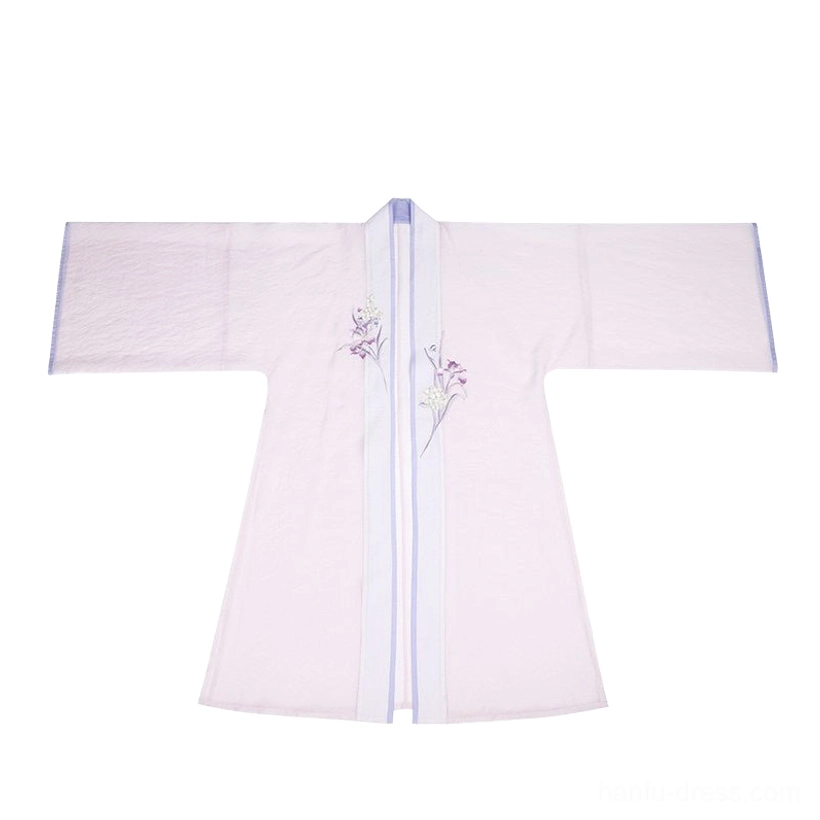 Light lavender Song Dynasty Hanfu long cardigan with wide sleeves, purple trim and delicate iris embroidery on the front