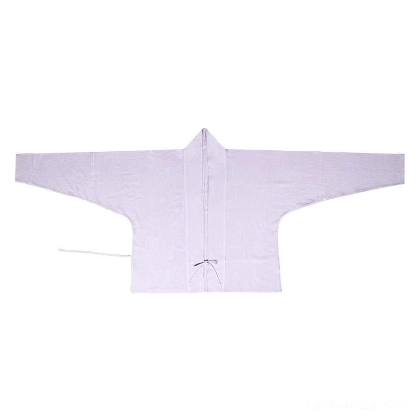 Flat lay of lavender Song Dynasty hanfu winged sleeve cross collar top with wide sleeves and traditional frog closure