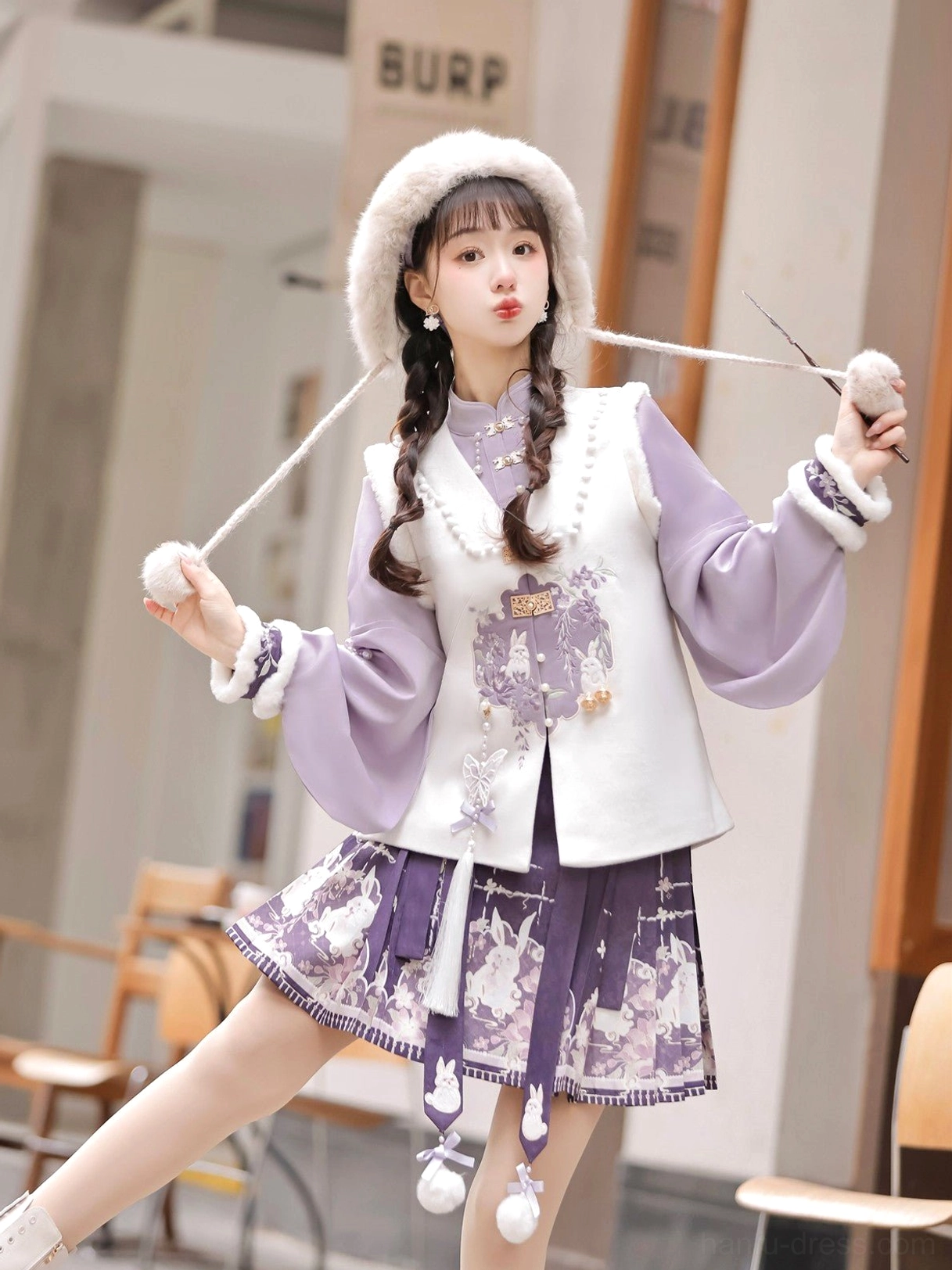Dynamic side view of a layered Chinese Hanfu outfit with fuzzy white vest trim, lavender pipa sleeves, rabbit details, and short mamianqun skirt