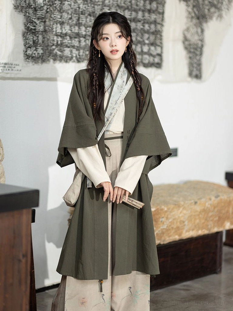 Layered modern Hanfu Song Dynasty inspired cardigan top and wide-leg pants side view with crossbody bag