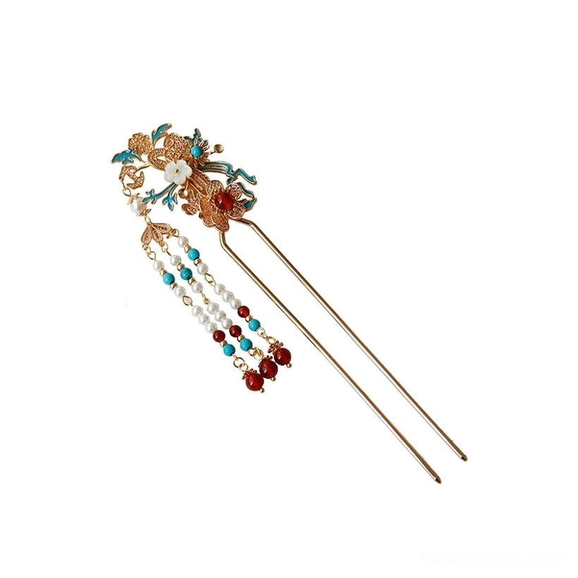 Single Chinese left hair stick with double-pronged gold floral ornament blue enamel red bead and imitation pearl tassel