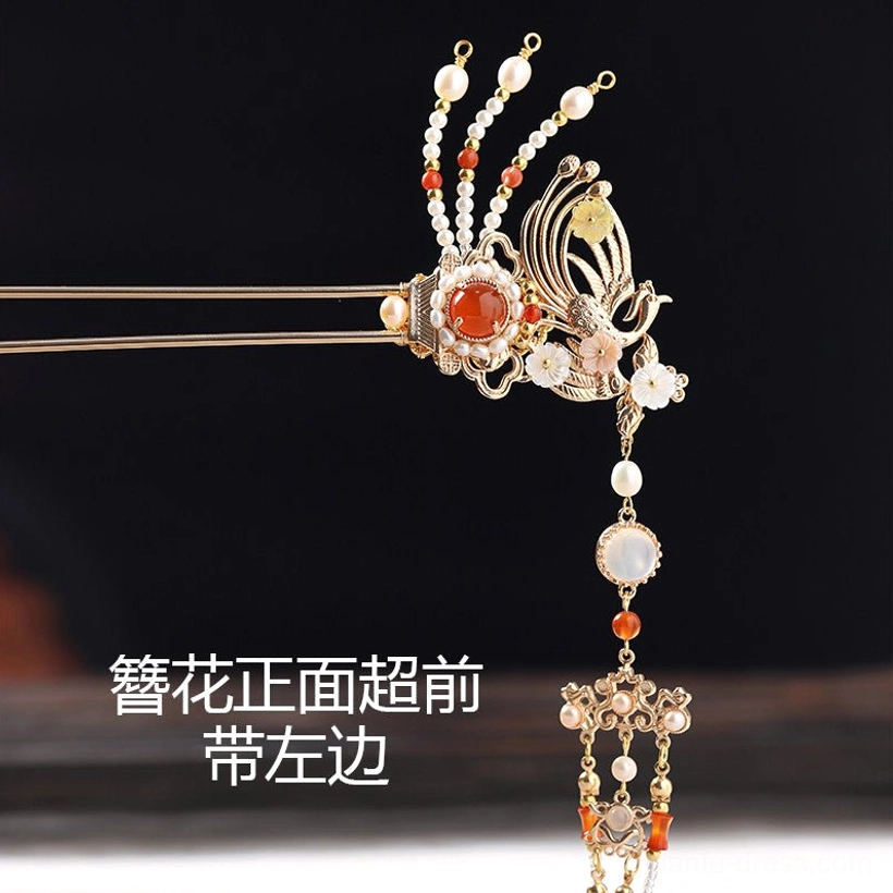 Left side phoenix tassel Chinese hair stick in gold tone with red center detail pearl-like beads and hanging chains