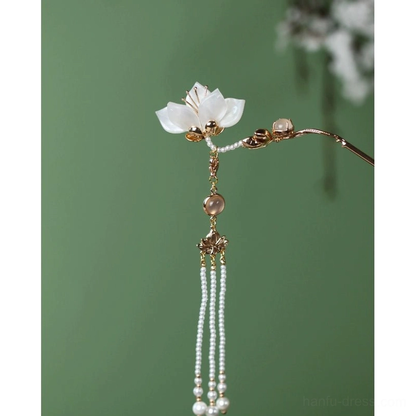 Left variation white lotus branch style Hanfu hair pin with layered pearl tassels and gold tone metal details