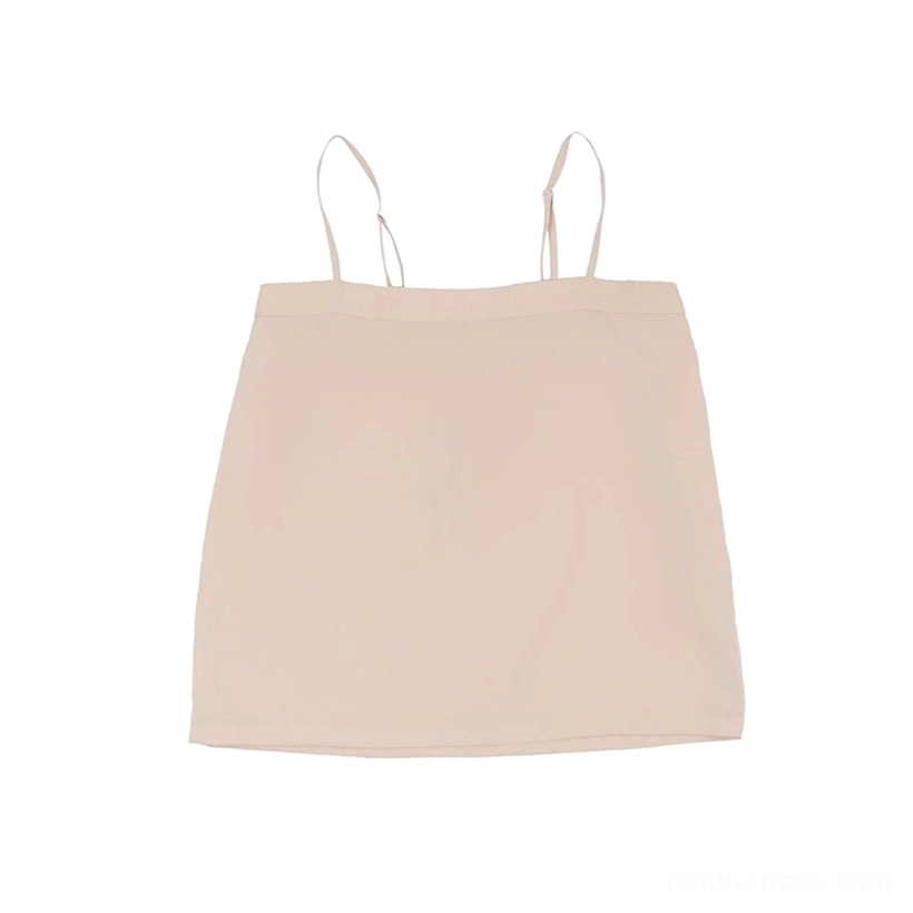 Flat lay of a light apricot camisole inner top with thin spaghetti straps, straight neckline, and slim fitted silhouette for hanfu layering