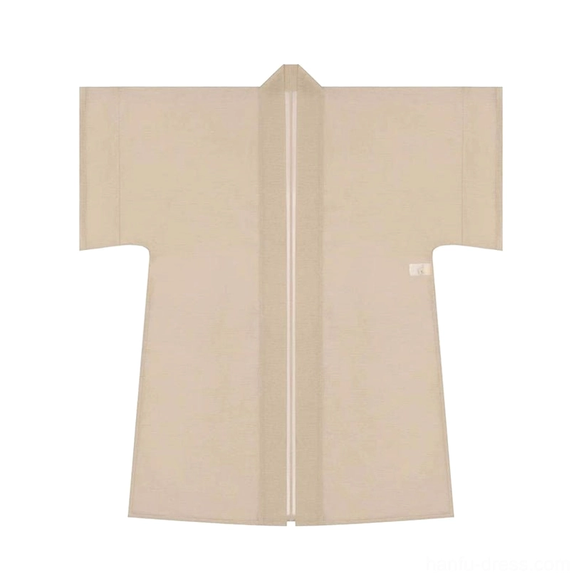 Light beige Changgan Temple style Hanfu beizi jacket flat lay with open front, wide sleeves, and linen-look texture