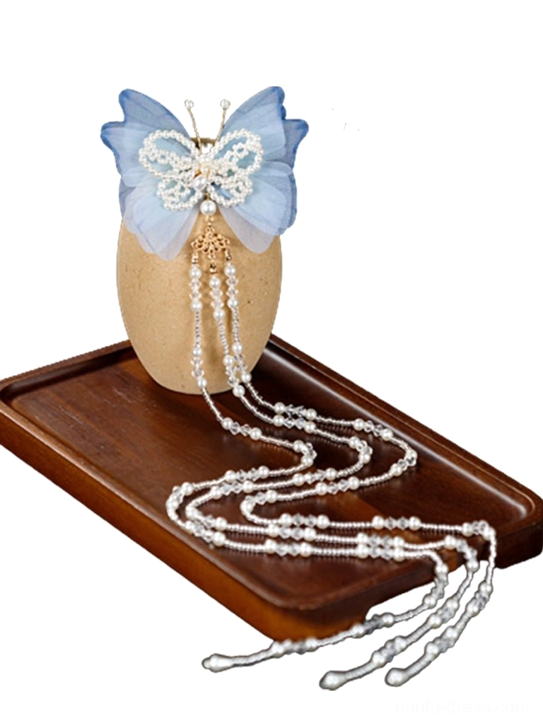 Side view of light blue butterfly tassel hair accessory with crystal style bead strands for Hanfu hairstyle styling