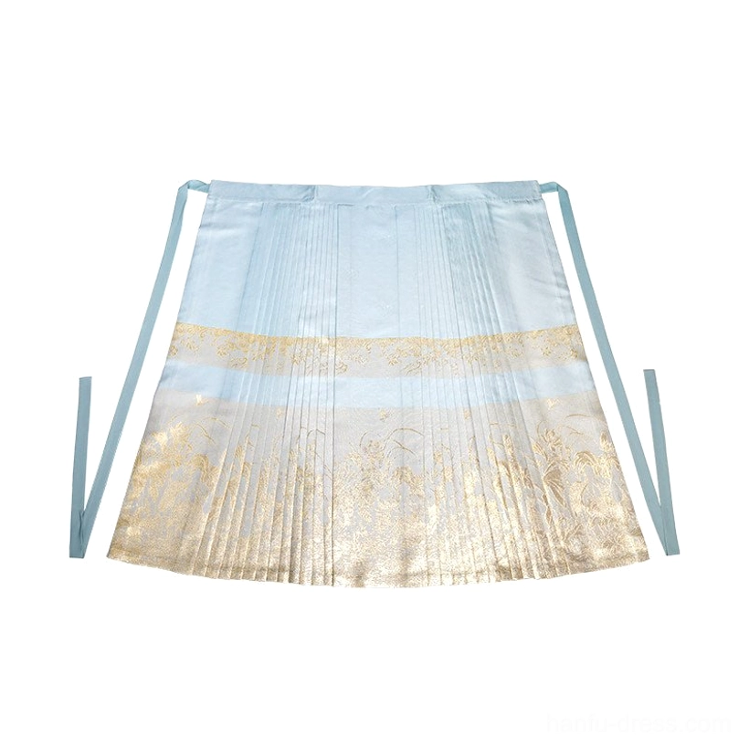 Light blue and champagne gold gradient pleated mamianqun skirt with floral decoration and waist sashes