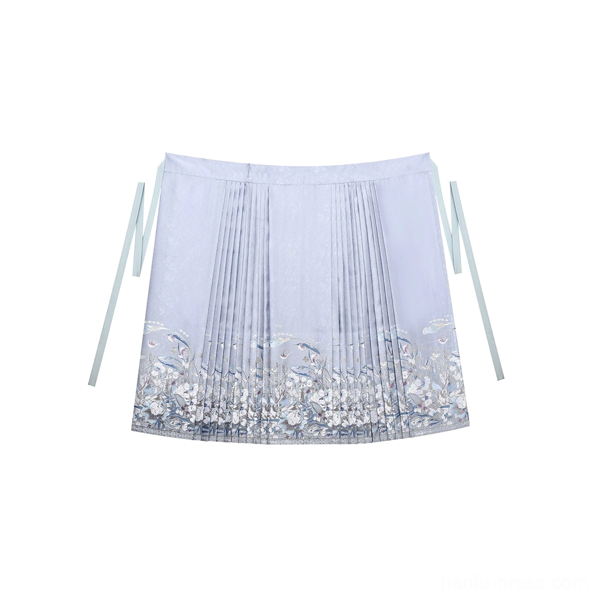 Flat lay of a light blue pleated Hanfu mamianqun skirt with floral hem decoration and traditional side wearing straps