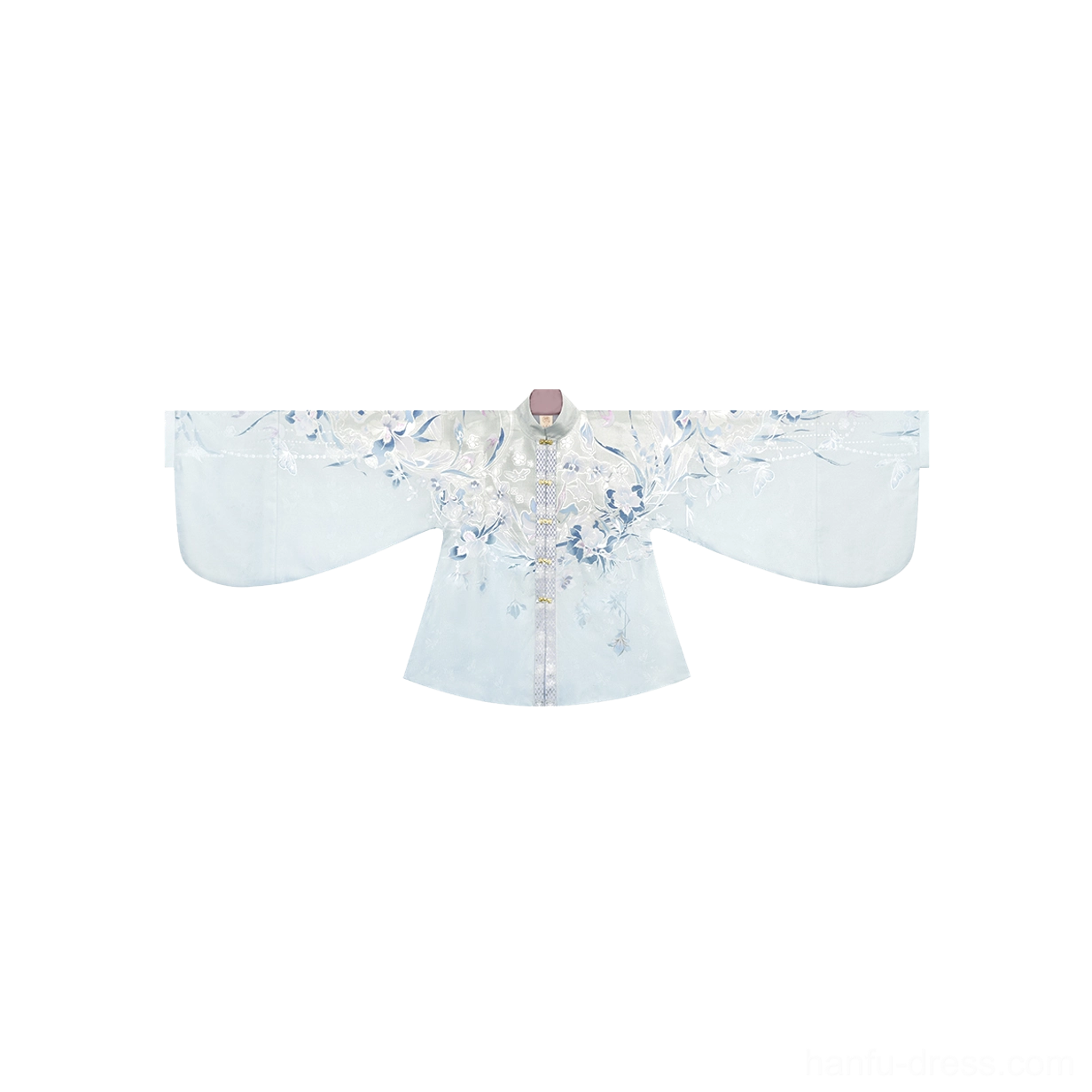 Flat lay of a light blue Ming Dynasty Hanfu pipa sleeve top with blue and white floral embroidery on the standing collar and front yoke