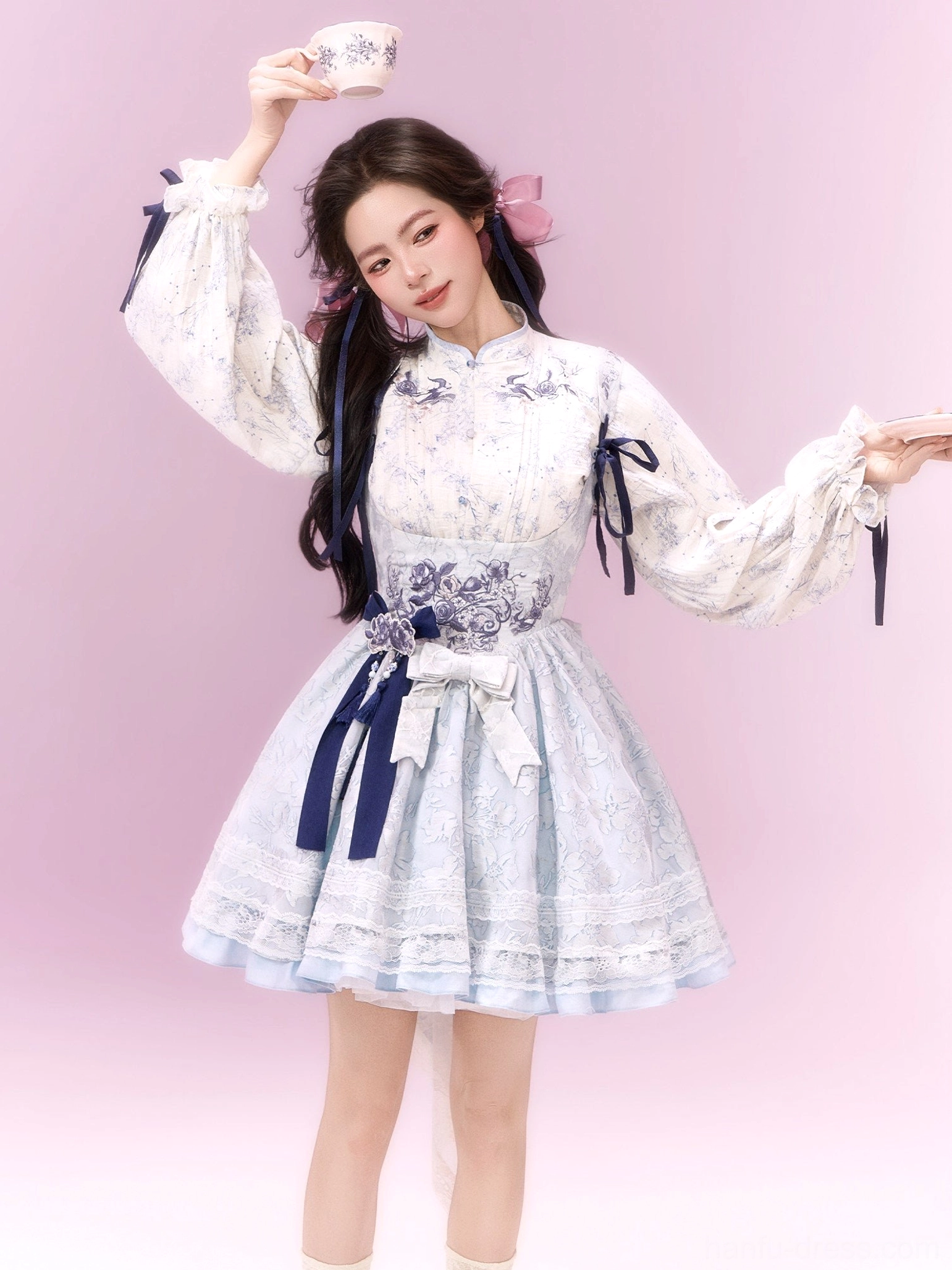 Light blue modern Hanfu xianxia Lolita dress set with printed Mandarin collar blouse, layered ruffle skirt, navy sashes, and embroidery