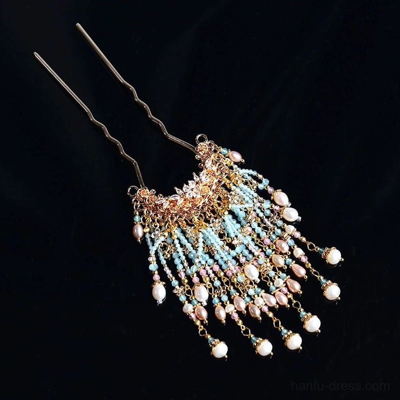 Light blue Pearl Princess Hanfu tassel hair pin with pink accent beads, gold-tone U-shaped pin, and white pearl-style pendants