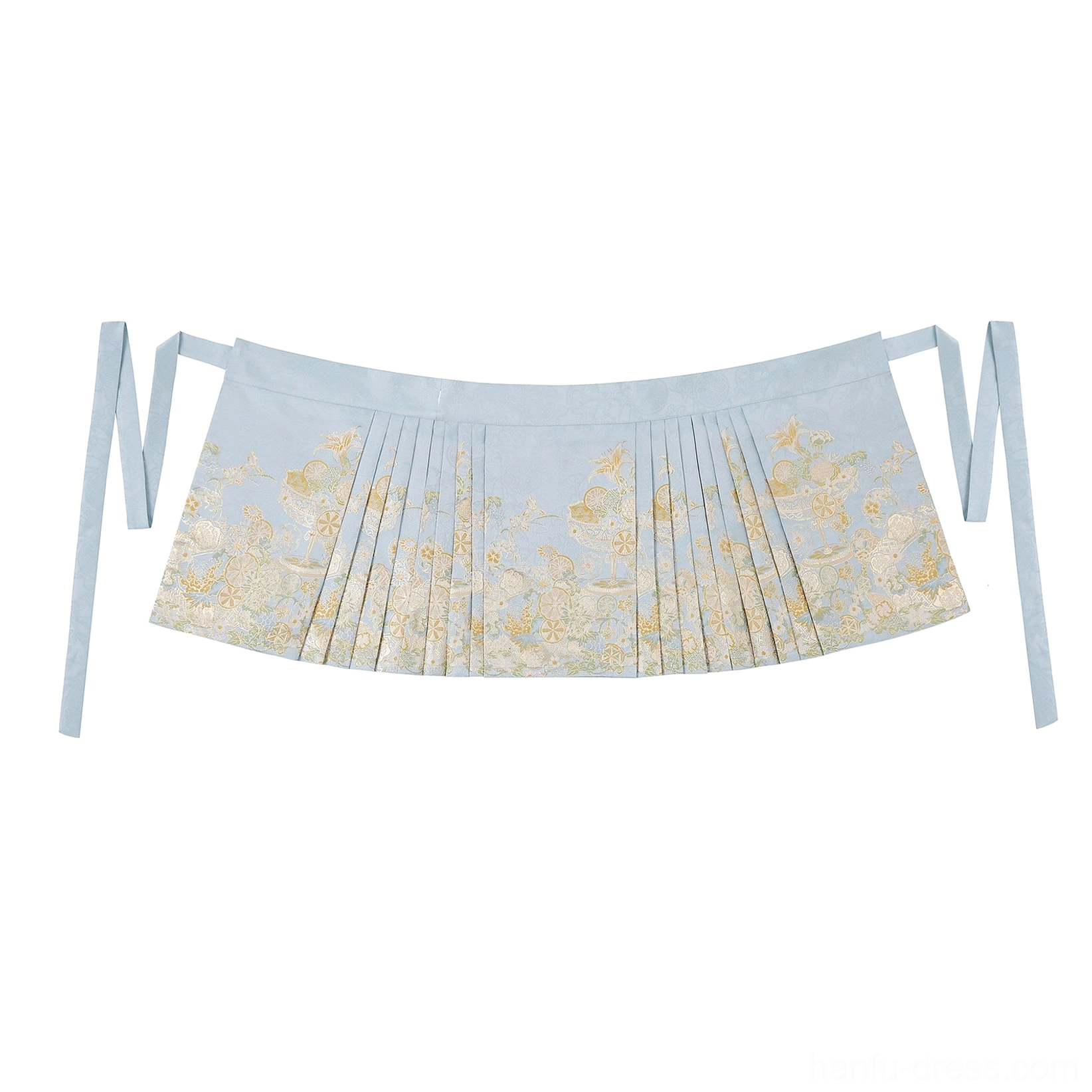 Light blue short mamianqun horse face skirt with pleats side ties and golden dessert floral brocade-inspired print