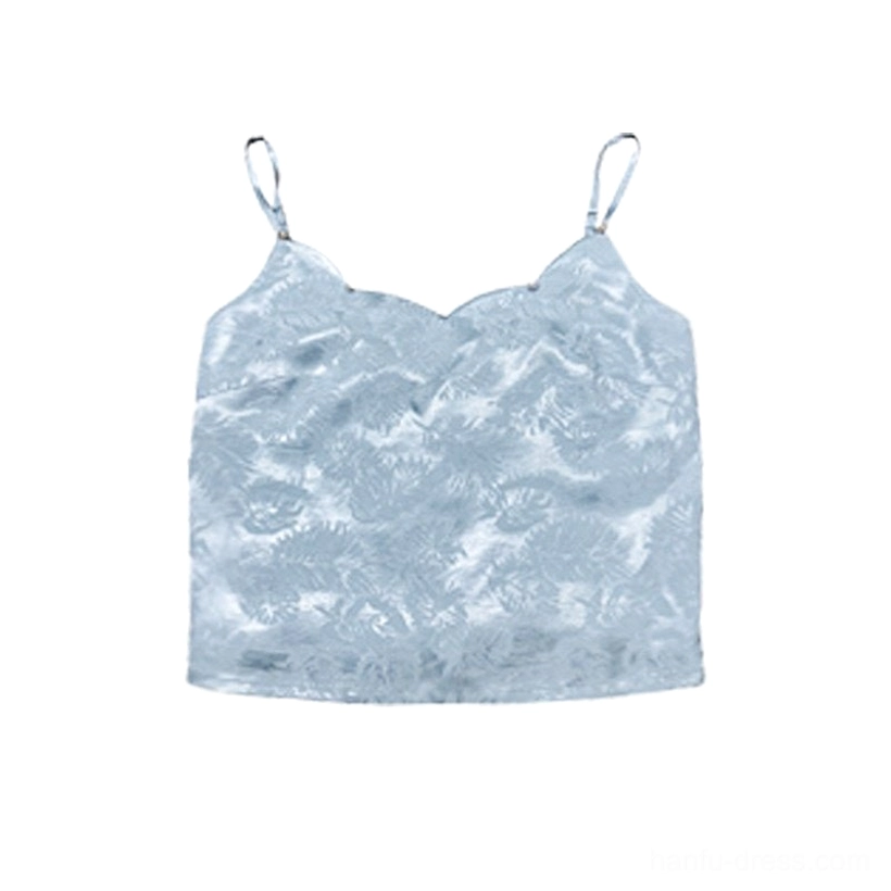 Light blue satin rayon Hanfu camisole with scalloped sweetheart neckline, slim straps, and subtle floral jacquard texture