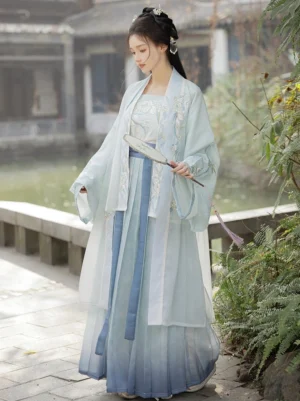 Three-quarter view of a light blue Song Dynasty style Ruqun Hanfu with floral embroidery, gradient blue pleated skirt, coordinated waistband, traditional hair ornaments, and round silk fan