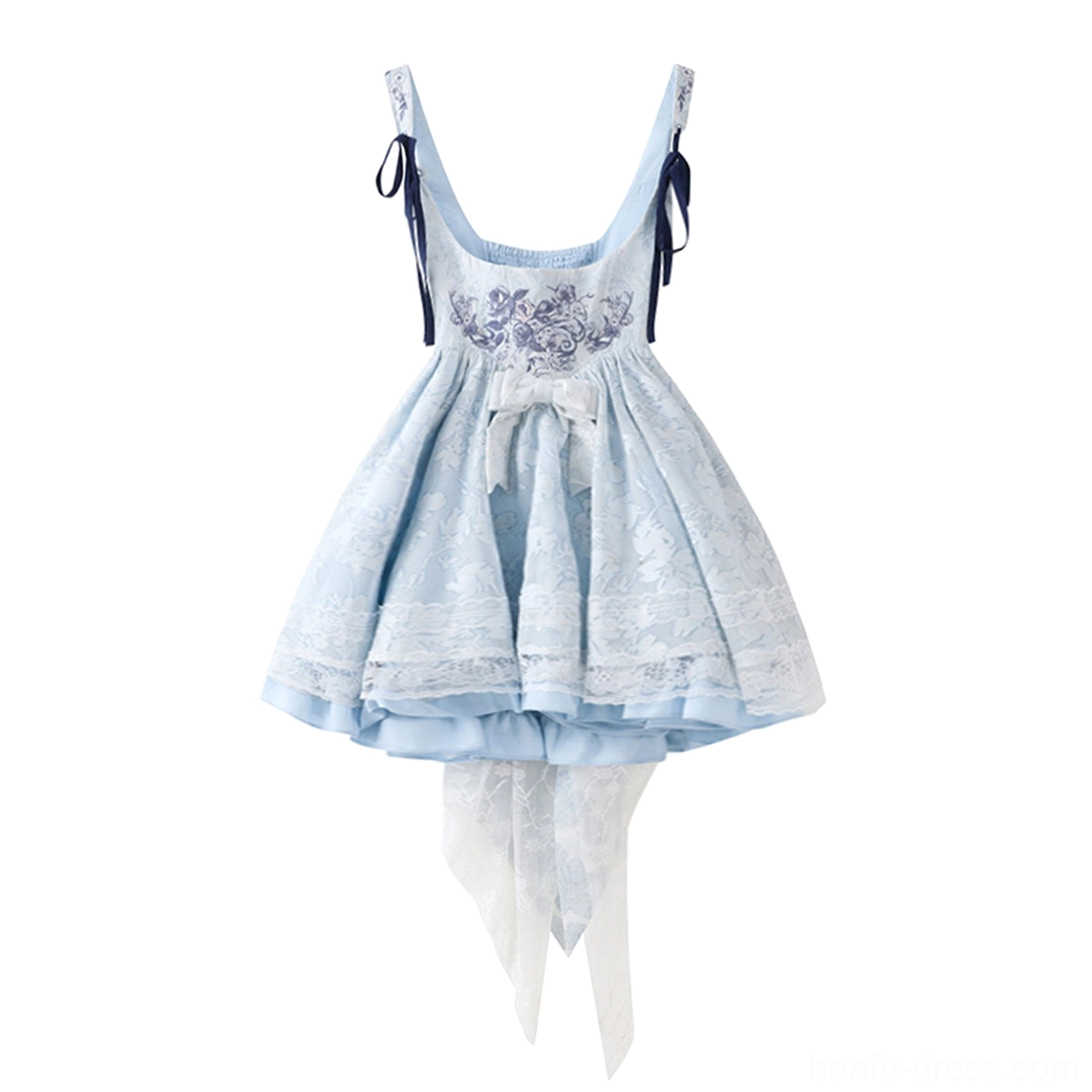 Light blue suspender dress for modern Hanfu xianxia Lolita outfit with embroidered waist panel, matching straps, and layered skirt hem