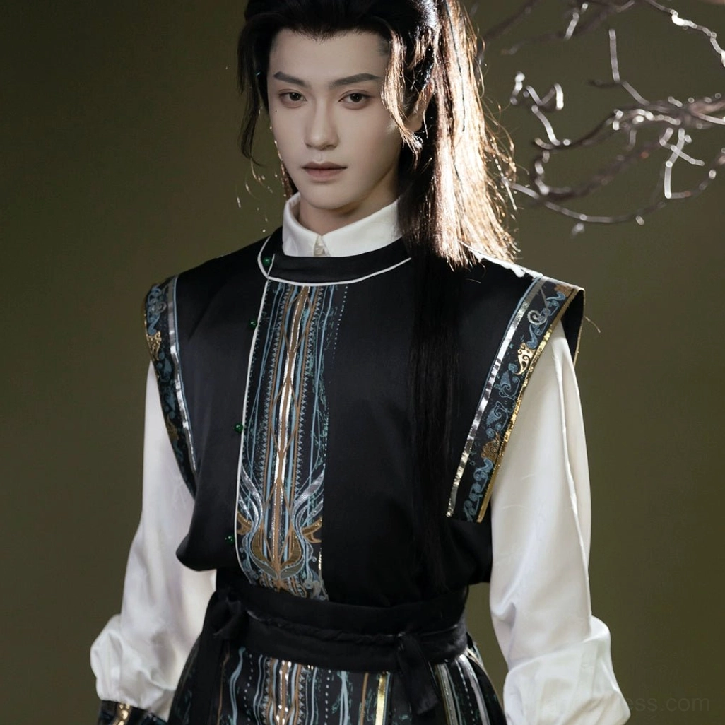 Close-up of black stand collar Hanfu vest with gold and silver style embroidered panels and decorative trim