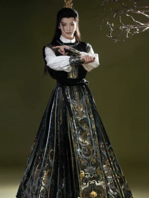 Front full body view of men’s neo-Chinese Hanfu outfit with embroidered black vest and long Ming style mamian skirt