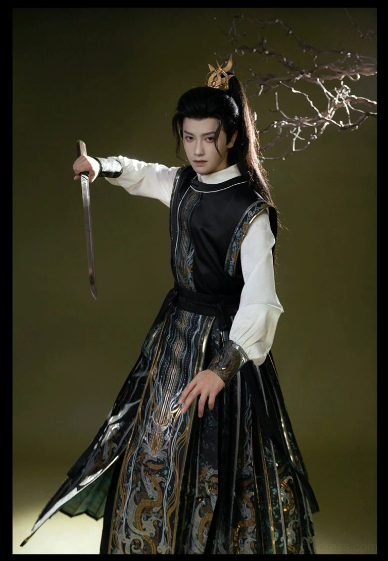 Side view of male neo-Chinese Hanfu costume with black vest, embroidered mamianqun and traditional sword styling