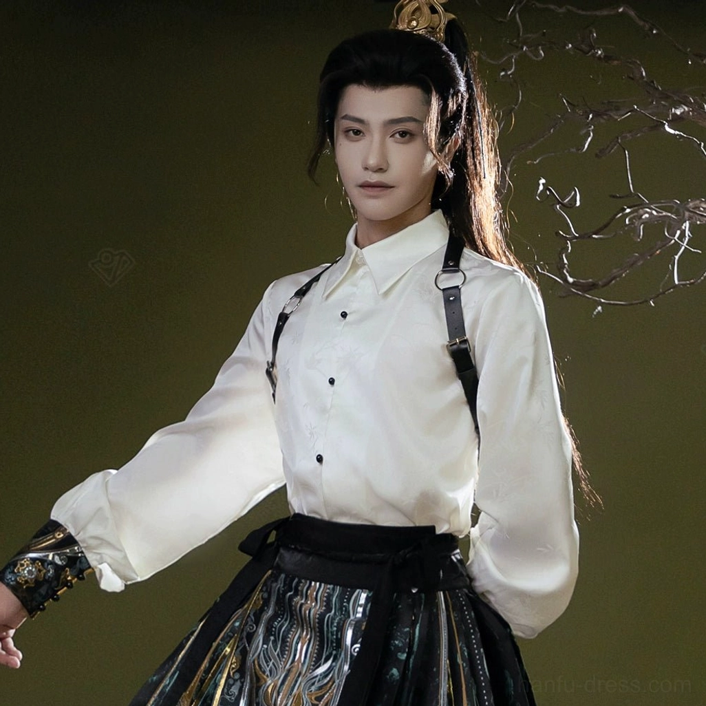 Close-up portrait of white stand collar modern Hanfu shirt with decorative shoulder straps and embroidered wrist cuffs