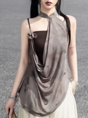 Light coffee modern Hanfu halter camisole top with asymmetric draped hem, stand collar, floral shoulder ornament, and vintage Chinese-inspired print styled with off-white wide-leg pants