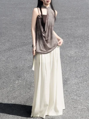 Back view of a light coffee modern Chinese-style Hanfu halter camisole top showing the relaxed draped silhouette and elegant backless halter neckline