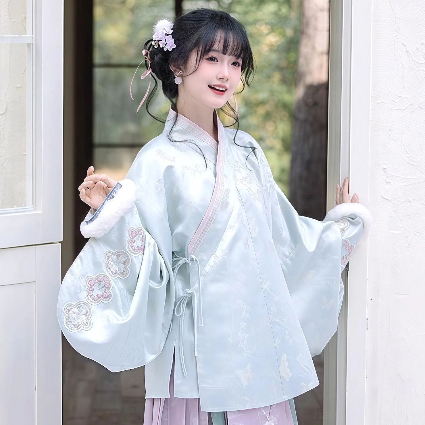Light cyan pipa sleeve Hanfu top with cross collar cloud embroidery waist sash and soft cuff trim