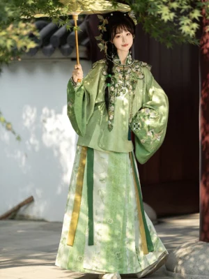 Light green Ming Dynasty Hanfu set with embroidered cloud collar, pipa sleeve top and green mamian skirt shown in a traditional Chinese garden with paper parasol