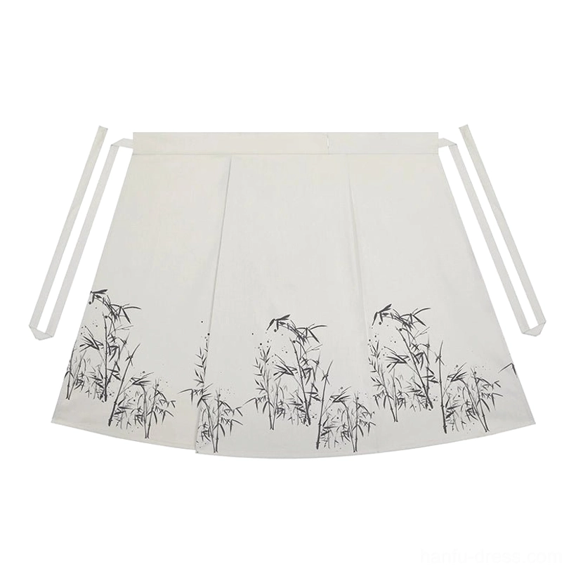 Flat lay of the light grey Song Dynasty Hanfu wrap skirt with bamboo printed hem and adjustable side wrap fastening straps