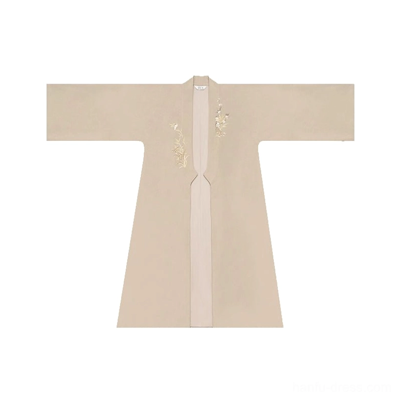 Flat lay of a light khaki Song Dynasty Hanfu outer coat with wide sleeves, contrast trim, stand collar opening, and golden wheat-ear embroidery