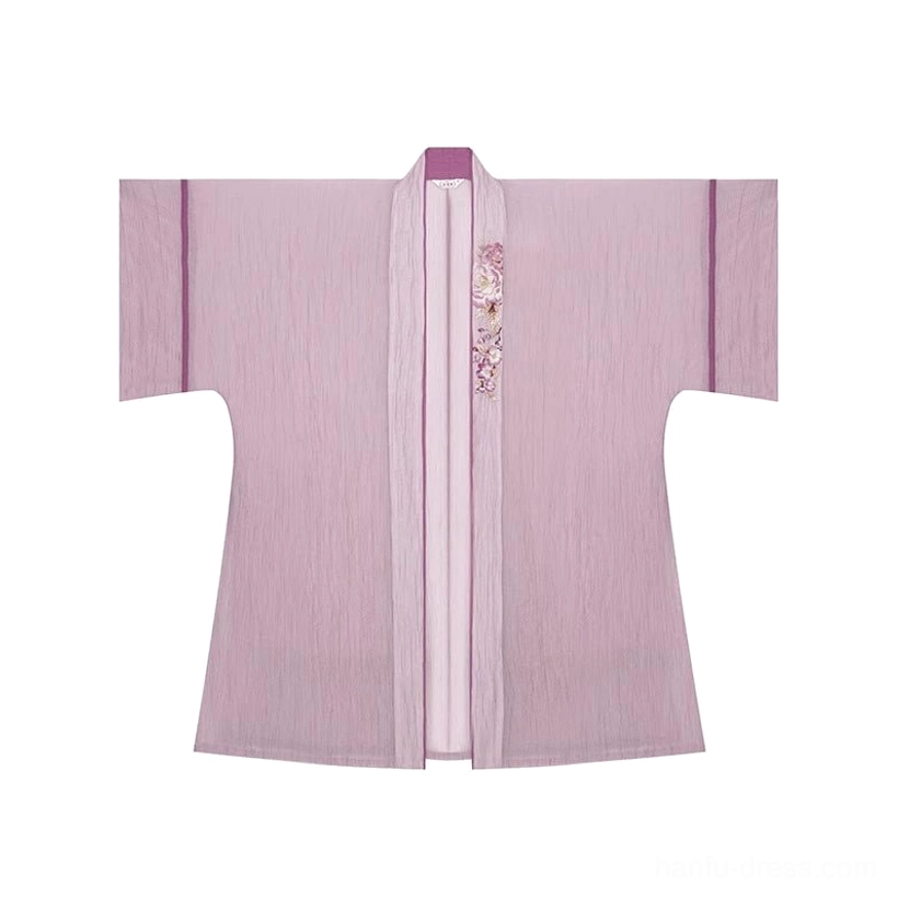 Light lavender pink Song Dynasty beizi outer coat with subtle floral embroidery, wide sleeves, and lightweight textured fabric