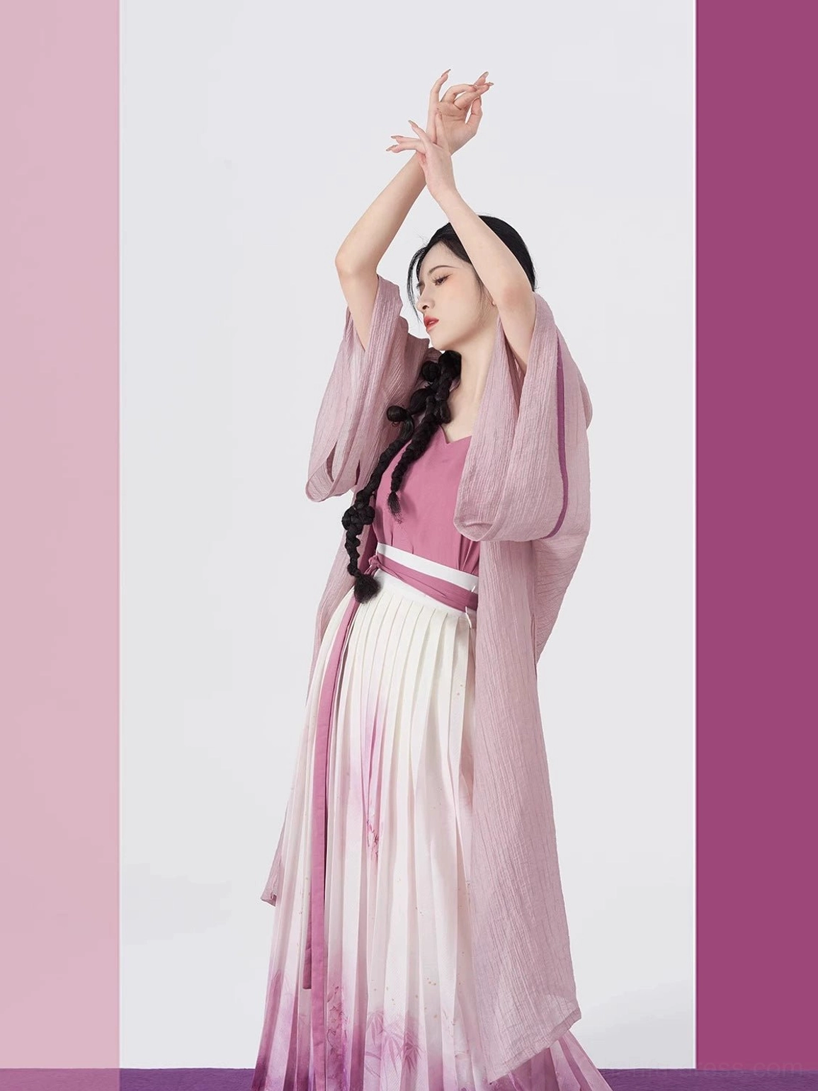 Light lavender pink Song Dynasty hanfu full set in a graceful raised-hand dance pose with lightweight flowing beizi
