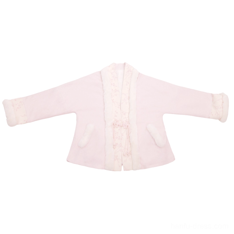 Flat lay of light pink modern Song Dynasty hanfu coat with white faux fur collar cuffs floral embroidery and Chinese frog buttons