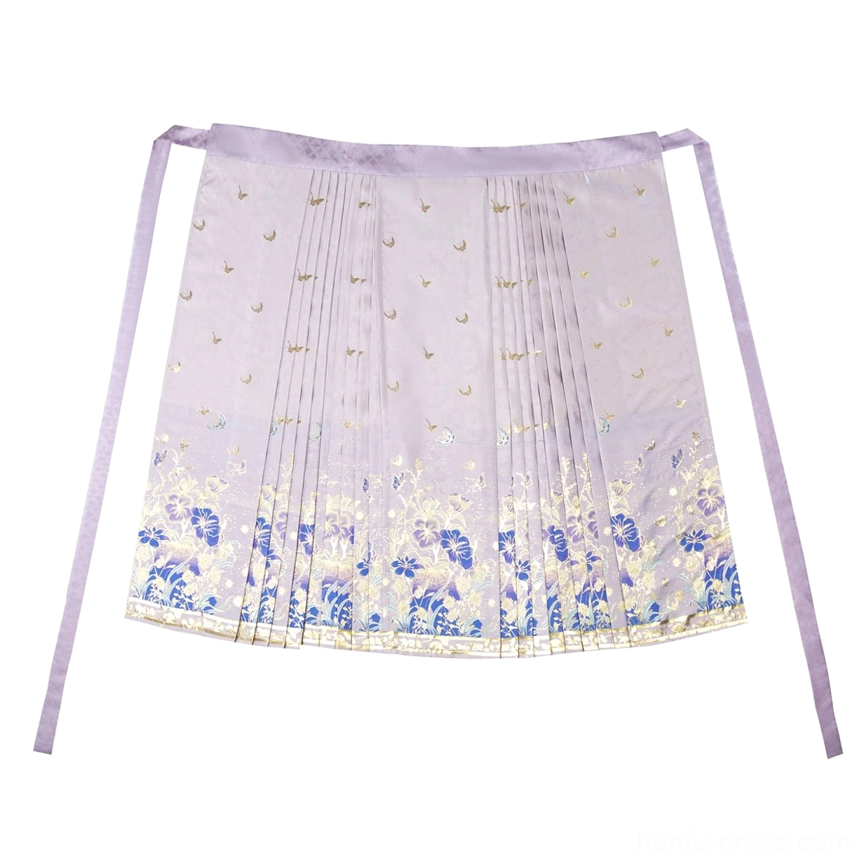 Light purple floral mamianqun horse face skirt flat lay showing pleats, blue botanical hem print, gold edging, and waist ties