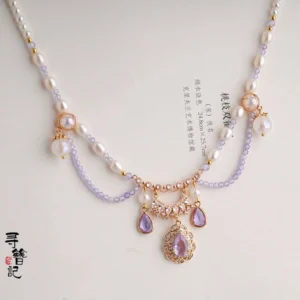 Front view of a double-layer lilac purple Hanfu yingluo necklace with freshwater pearls, rose gold metalwork, purple crystal pendants, seed beads, and hanging tassels