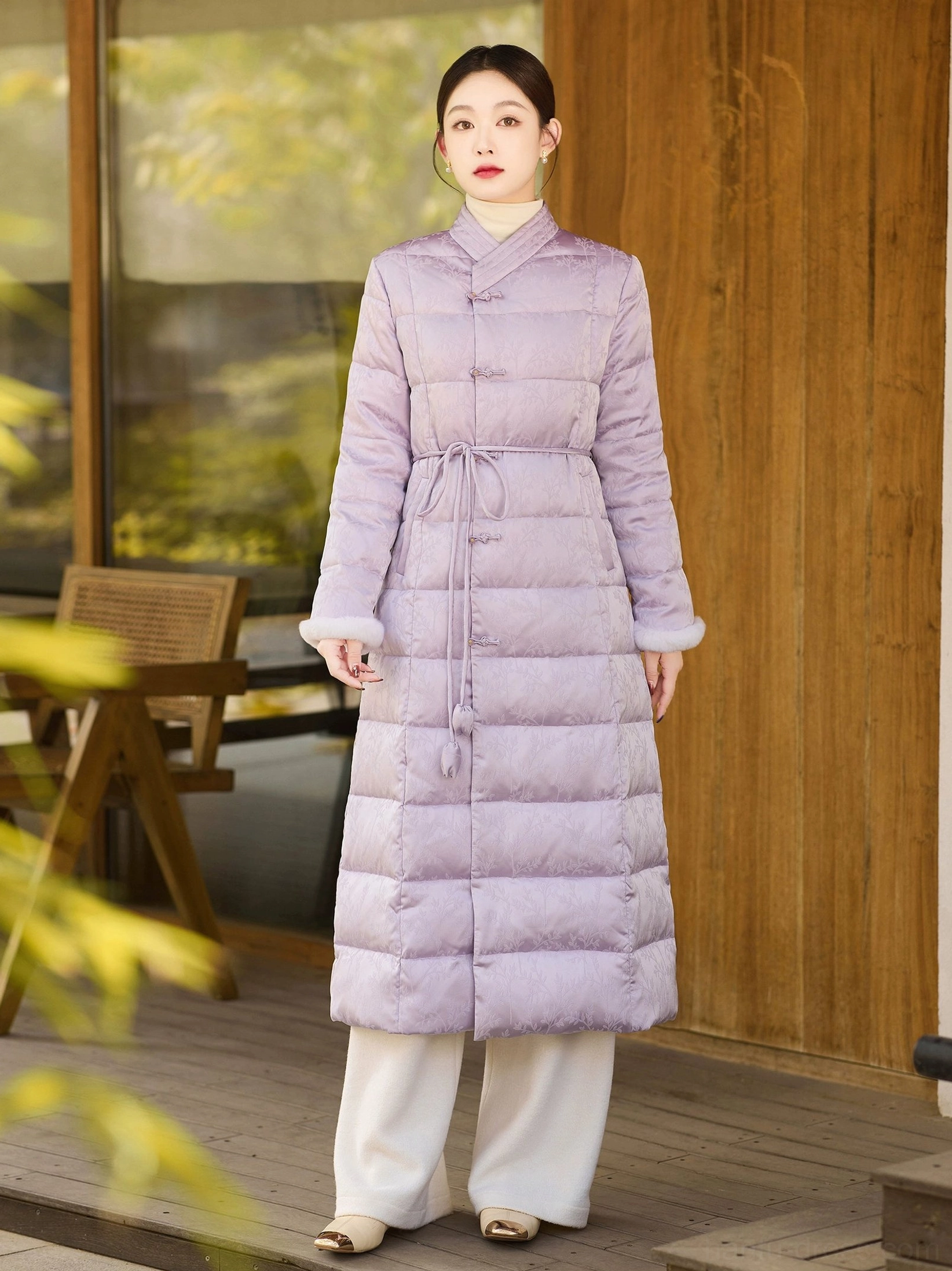 Women's lilac Chinese-style down coat shown without the fur collar, highlighting the stand-up qipao collar, frog fasteners and shaped drawstring waist