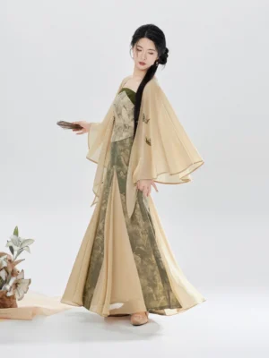 Chinese Zen Modern Hanfu outfit side view showing embroidered chiffon shawl and floor length printed skirt