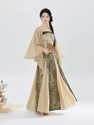 Modern Hanfu ink landscape chiffon shawl camisole and high waisted skirt full set front three quarter view