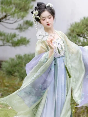 Front view of a romantic lily of the valley Tang Dynasty Hanfu outfit with flowing translucent sleeves, floral hair ornaments, and a Chinese folding fan in a garden setting