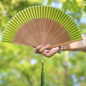 Lime green traditional Chinese folding hand fan with pleated fabric panels, carved natural bamboo ribs, and a long green tassel held outdoors against a blurred woodland background