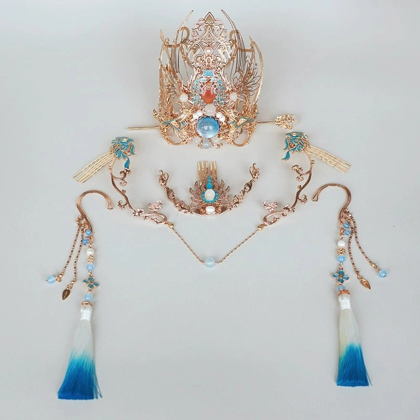 Complete Linjiang Fairy Hanfu hair accessory set with gold tone crown forehead ornament and blue gradient tassel earrings