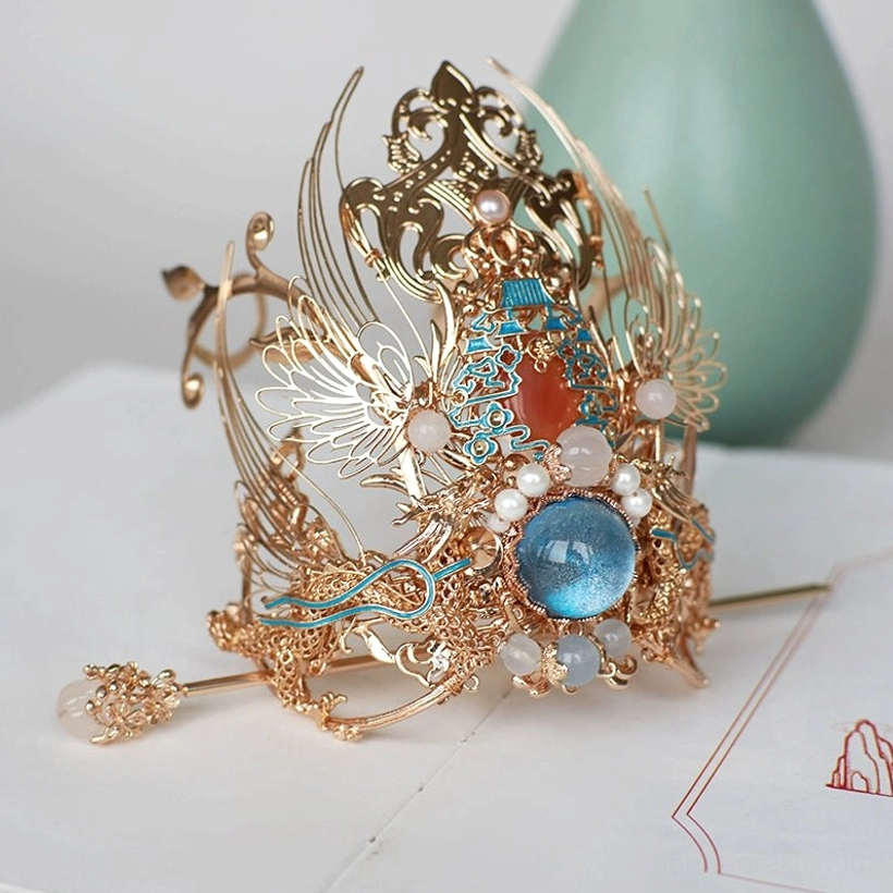 Linjiang Fairy gold tone Hanfu hair crown and matching hair ornament with blue gem pearl and filigree details