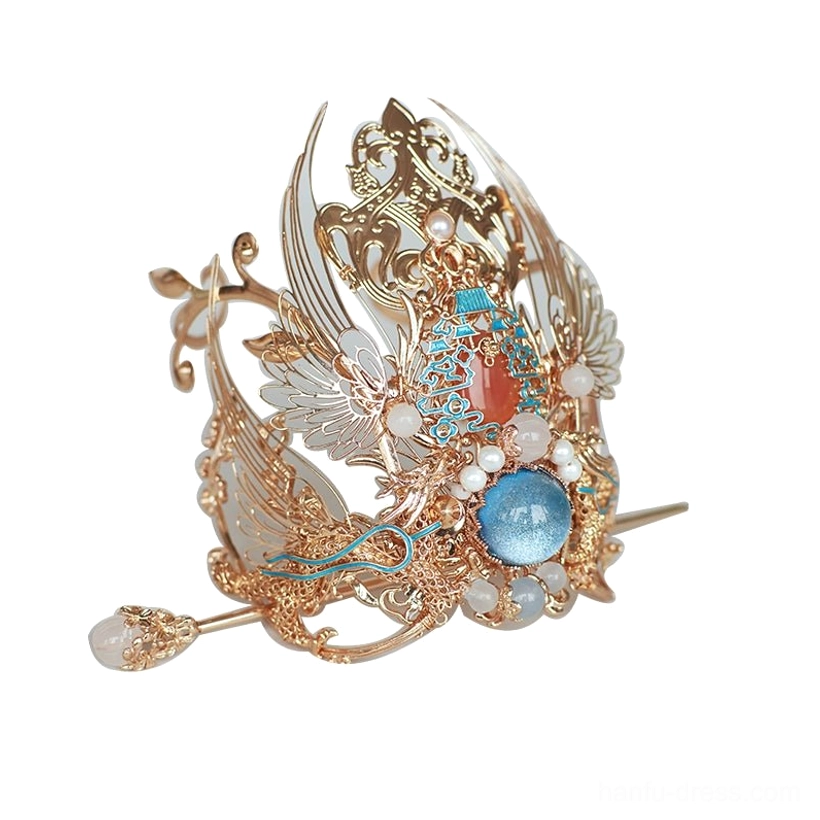 Side view of Linjiang Fairy wing shaped Hanfu hair crown showing gold tone openwork carvings and blue gemstone details